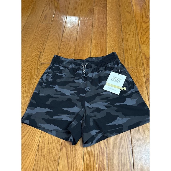 New Athleta Girl Play More 3" Shorts Black Gray Camo Adjustable Drawcord XL $39 - Picture 1 of 10